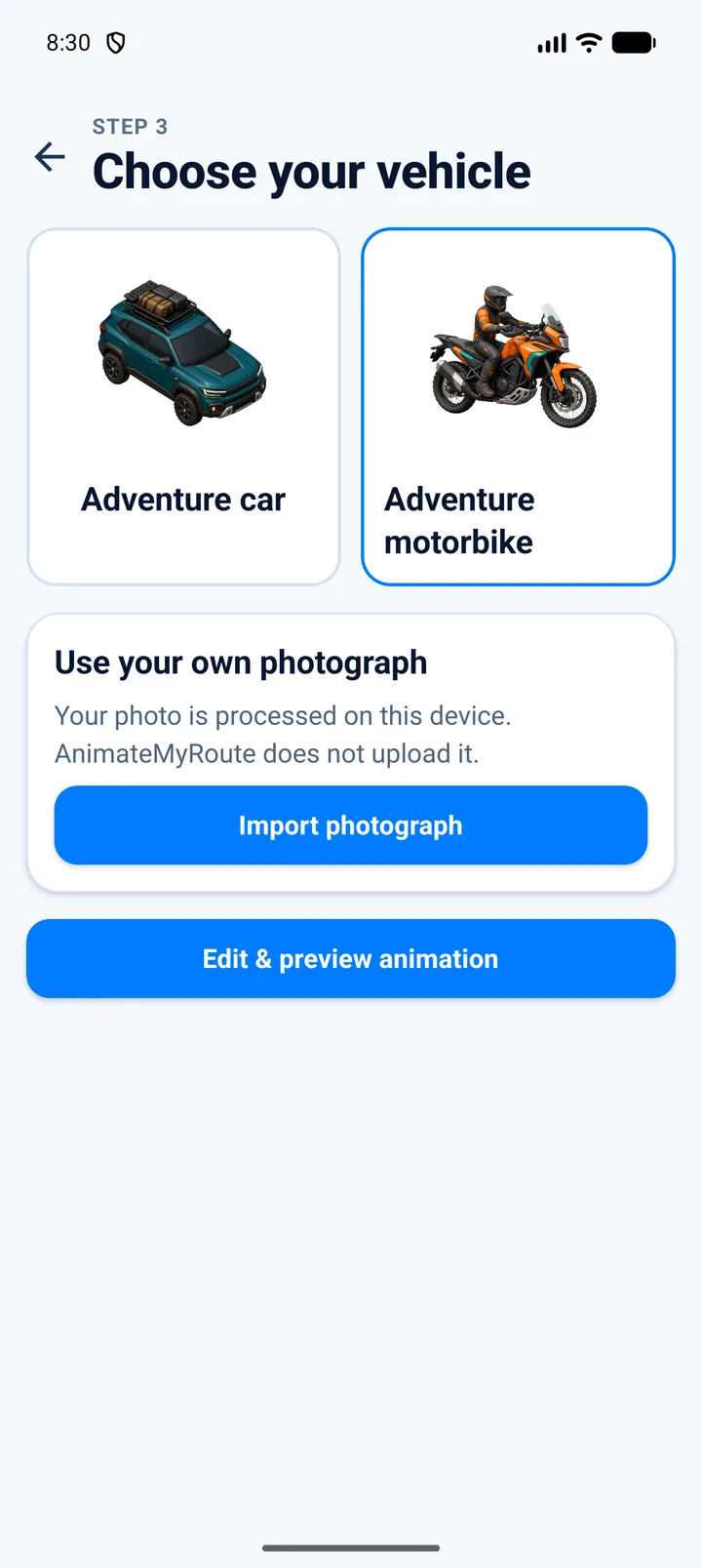 Choose your vehicle screen in AnimateMyRoute
